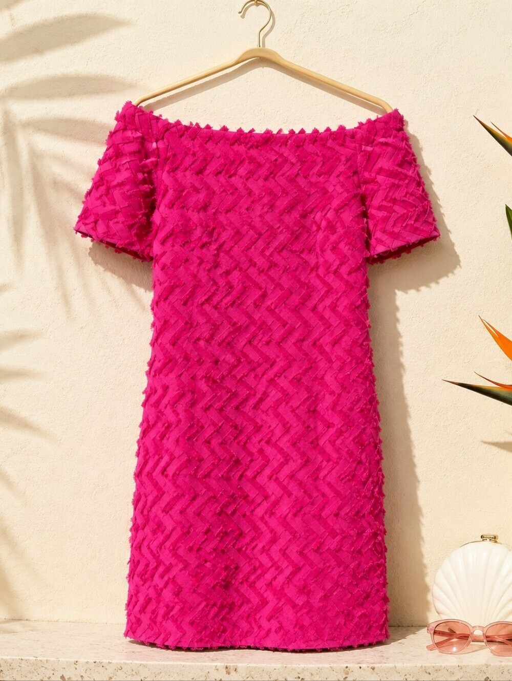 Trina Turk Fuchsia Pink Textured Off-Shoulder Shift Dress